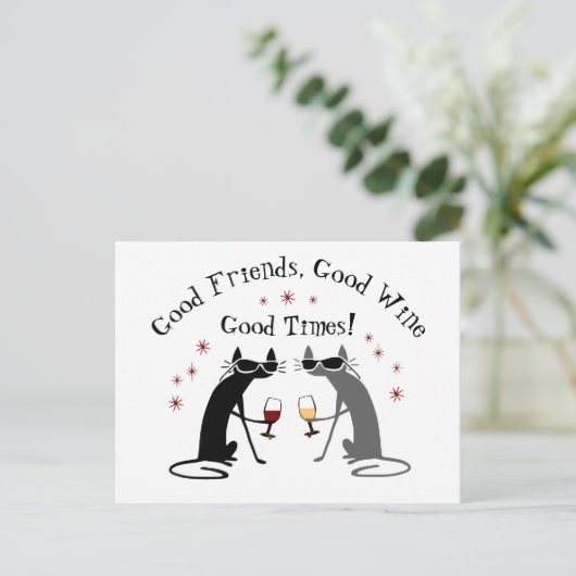 グッドフレンズグッドタイムズワイン引用文と猫 ポストカード (スタンド正面)
