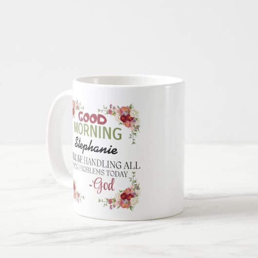 グッドモーニングパーソナライズされた名God's Assurance mug コーヒーマグカップ (正面左)