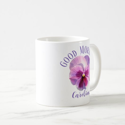 グッドモーニング名前をカスタムするパンジー コーヒーマグカップ (正面右)