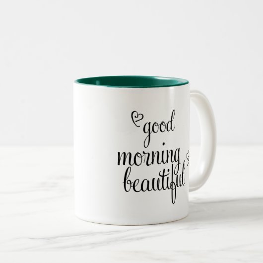 グッドモーニング美しい文字とハート ツートーンマグカップ (正面右)