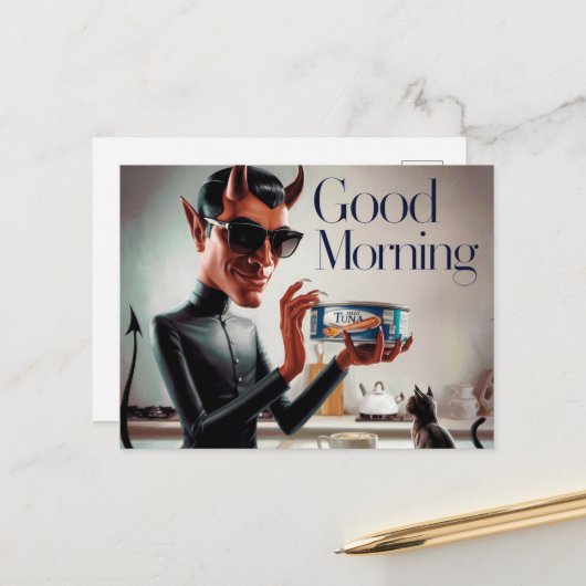 グッドモーニング食べ物を与え悪魔の猫 ポストカード (正面/裏面インサイチュ)