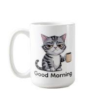 「グッドモーニング」かわいい猫のマグカップ 嫌そうな顔の猫