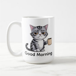 「グッドモーニング」かわいい猫のマグカップ 嫌そうな顔の猫 コーヒーマグカップ