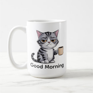 「グッドモーニング」かわいい猫のマグカップ 嫌そうな顔の猫 コーヒーマグカップ