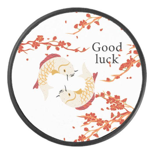 グッドラックコイ魚と桜 | エレガント日本の アイスホッケーパック (正面)