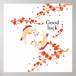 グッドラックコイ魚と桜 | エレガント日本の ポスター