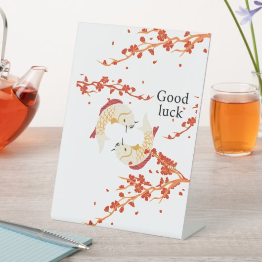 グッドラックコイ魚と桜 | エレガント日本の 台座サイン (インサイチュ)