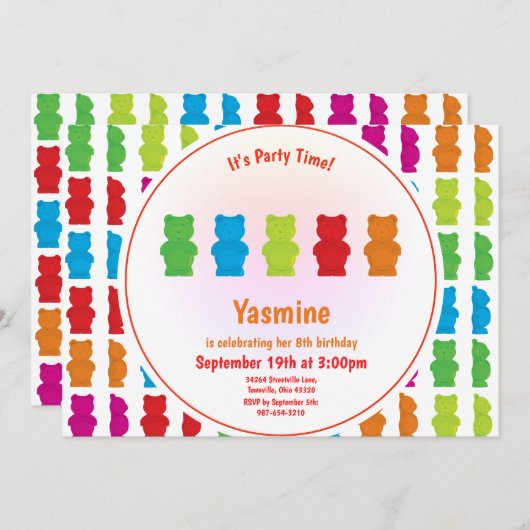 グミベアーパターンキッドの誕生日招待状 招待状 (正面/裏面)
