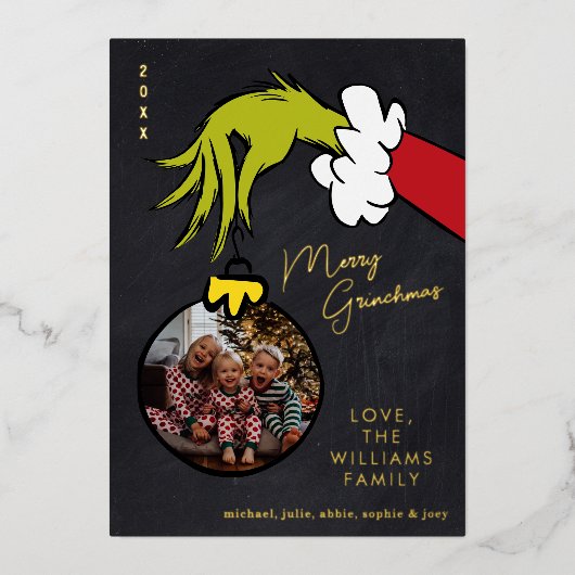 グラインチメリーングリンシマスファミリーフォトクリスマス 箔シーズンカード (正面)