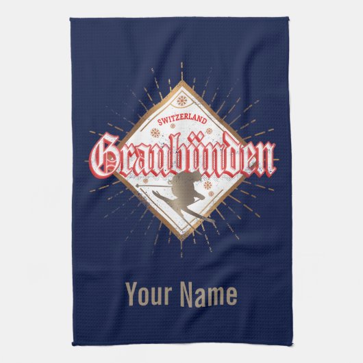 グラウブンデンスイスレトロスキーヤーヴィンテージ キッチンタオル (縦)