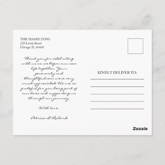 グラシアモダンスフォント結婚の感謝の言葉 ポストカード (裏面)