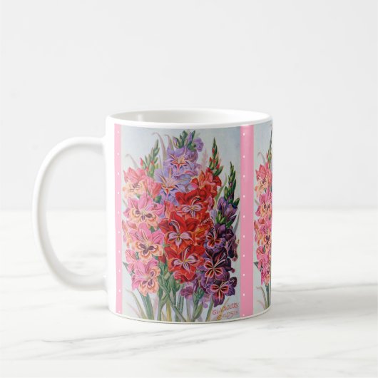 グラジオラスの嬉しいコーヒーヴィンテージのラベルの花柄のマグ コーヒーマグカップ (左)