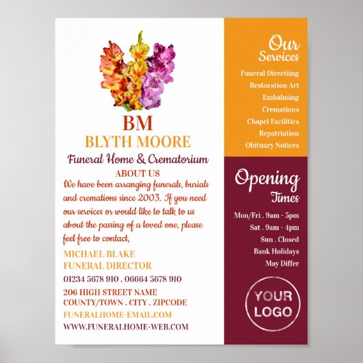 グラジオラスの花、葬儀場、監督 ポスター (正面)