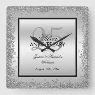グラジー・シルバー&ブラック25結婚周年記念 スクエア壁時計