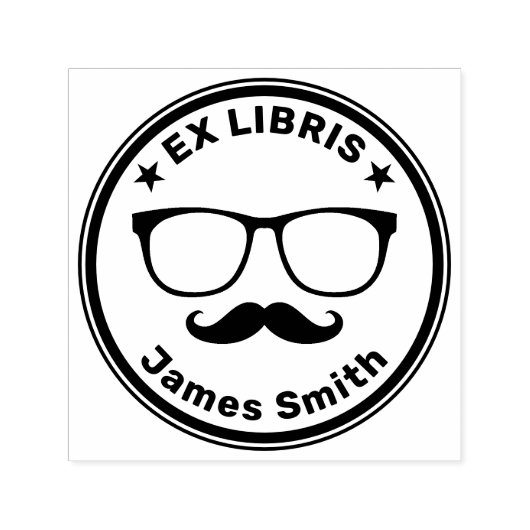 グラスと口ひげ付きEx Libris | Hipster セルフインキングスタンプ (デザイン)