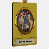 グラスと赤いサンタ帽を被ったクリスマス牛 ゴールドプレートバナーオーナメント (右)