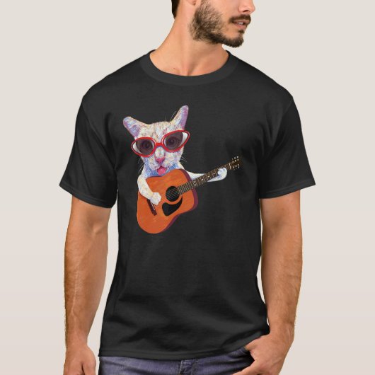 グラスに入った遊猫のギターグラフィック Tシャツ (正面)
