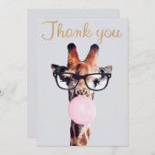 グラスのピンク吹のバブルガムを着たキリン サンキューカード (正面/裏面)