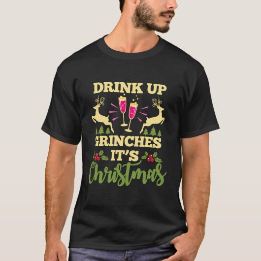 グラスを飲むクリスマスおもしろいクリスマスパーティー Tシャツ (正面)
