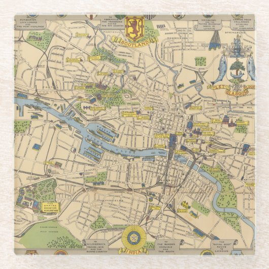 グラスゴー、イギリスの地図 ガラスコースター (正面)
