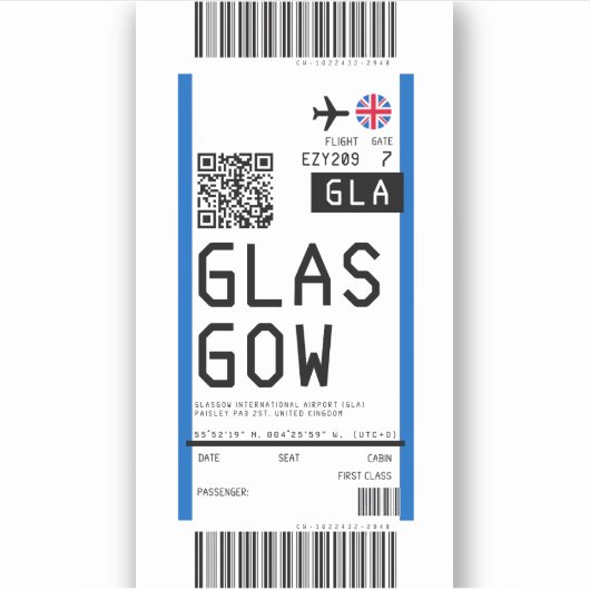 グラスゴー(GLA)への搭乗券 シール (正面)