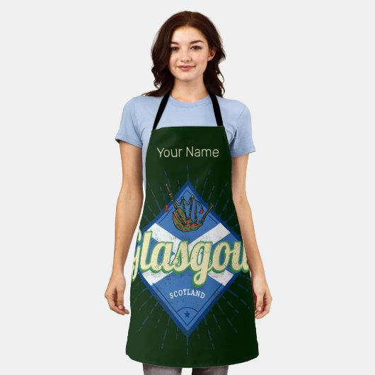グラスゴーUKシティスコットランドレトロバグパイズヴィンテージ エプロン (着用した状態)