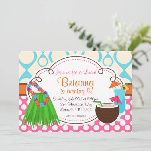 グラススカートとココナッツドリンク、ルアウ（ハワイ式宴会）誕生パーティー 招待状 (スタンド正面)