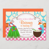 グラススカートとココナッツドリンク、ルアウ(ハワイ式宴会)誕生パーティー 招待状 (正面/裏面)