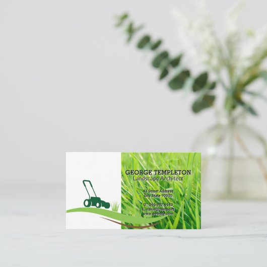 グラス | 芝刈り機アイコン | 造園 名刺 (スタンド正面)
