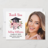 グラッドキャップとピンク花模様3写真卒業 サンキューカード (正面)