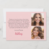 グラッドキャップとピンク花模様3写真卒業 サンキューカード (裏面)