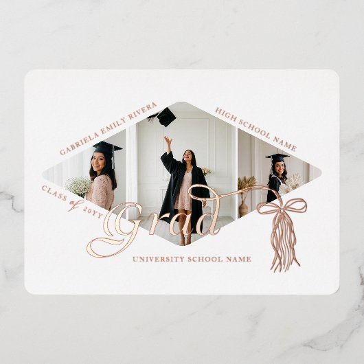 グラッドキャップボウ&タッセルフォトコラージュのお知らせ 箔招待状 (正面)