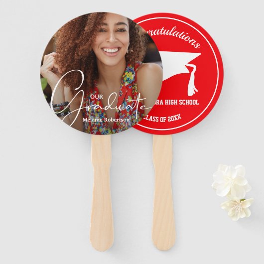 グラッドキャップモダン大学院写真赤手扇風機 ハンドファン (正面&裏面)