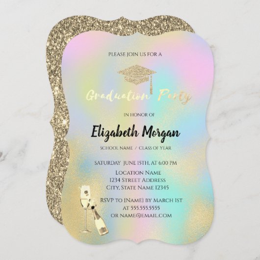 グラッドキャップ、ワイングラス星ホログラフィック卒業 招待状 (正面/裏面)