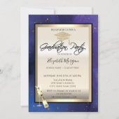 グラッドキャップ、ワイングラス、スターネイビーブルー卒業 招待状 (正面)