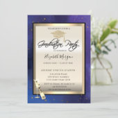 グラッドキャップ、ワイングラス、スターネイビーブルー卒業 招待状 (スタンド正面)