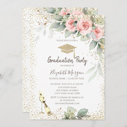 グラッドキャップ、ワイングラス、花卒業式 招待状 (正面/裏面)