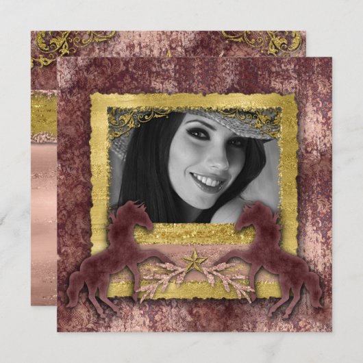 グラッド ローズ ゴールド ヴィンテージ ホース ウエスタン インヴィテ 招待状 (正面/裏面)