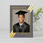 グラッモダンド写真グレーと金ゴールド 箔招待状 (立ち正面)