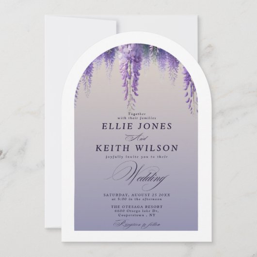グラデお洒落ィエントパープルフローラフォトアーチWeddin 招待状 (正面)