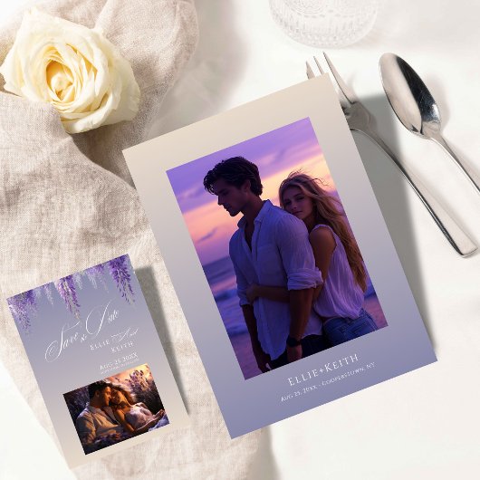 グラデお洒落ィエントパープルフローラ2結婚フォト セーブザデート