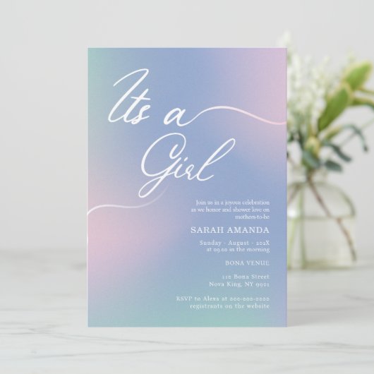 グラディエント付きガールベビーシャワーエレガント招待状 招待状 (スタンド正面)