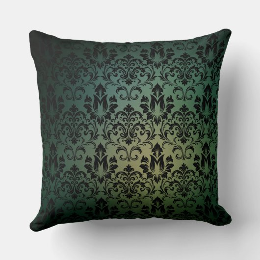 グラデエレガントモダンィエントダマスク濃い緑のフェード クッション (裏面)