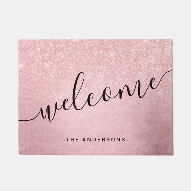 グラデエレガントーション·ピンク·ローズ·金ゴールドグリッター ドアマット (正面)