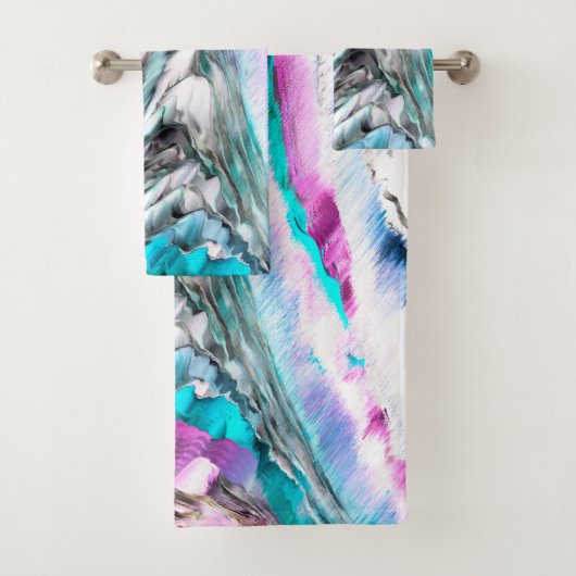 グラデーションと霧雨、シアンとピンクの混合 バスタオルセット (インサイチュ)