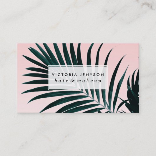 グラデーションなモダンな熱帯ヤシの木の写真のパステル調ピンク 名刺 (正面)