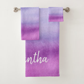 グラデーションな水彩画の名前をカスタムするの紫色か青タオルセット バスタオルセット