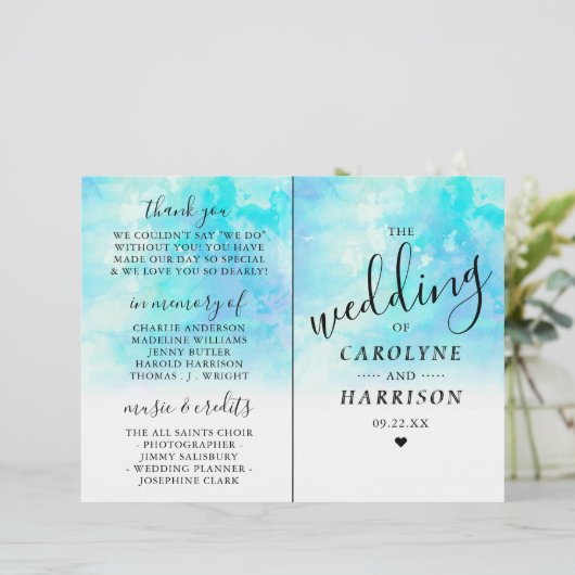 グラデーションな水彩画の結婚式のBi折目プログラム-青 (スタンド正面)