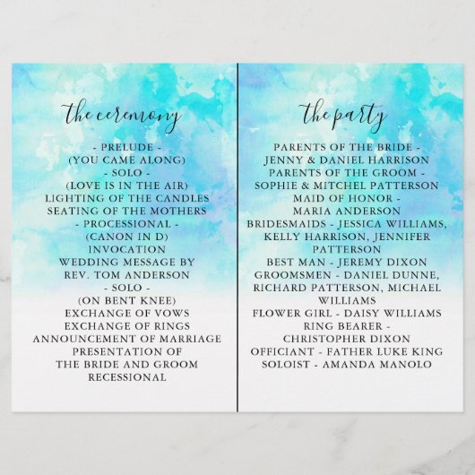 グラデーションな水彩画の結婚式のBi折目プログラム-青 (裏面)