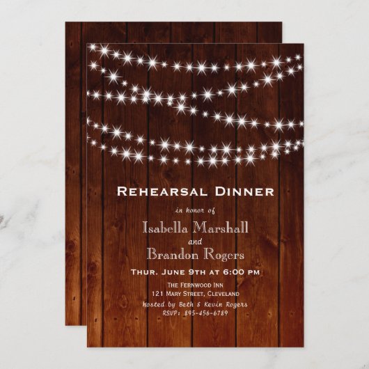 グラデーションな納屋板きらめきはリハーサルの夕食をつけます 招待状 (正面/裏面)